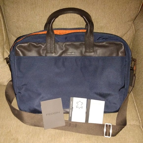 ❤️GIORGIO FEDON Navy and Brown Canvas Leather Laptop Briefcase +Shoulder Strap - Picture 1 of 8